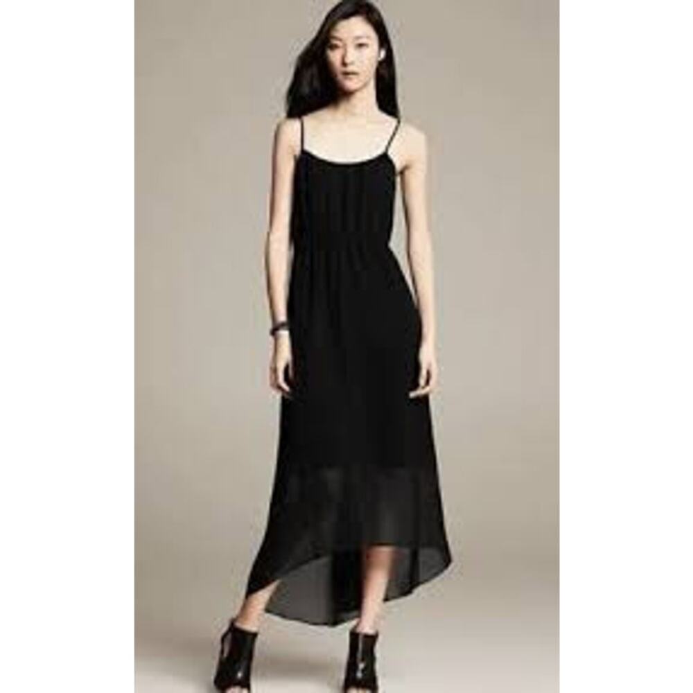 Banana Republic Chiffon Dress Womens Size 0 Patio Black High‎ Low Hem Slip Gown